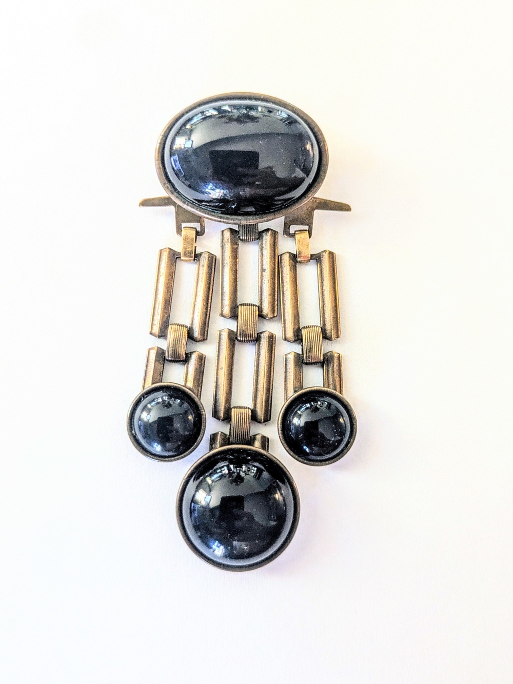 Antique Art Deco Brass & Onyx Cabachon Geometric Design Dangle Brooch
